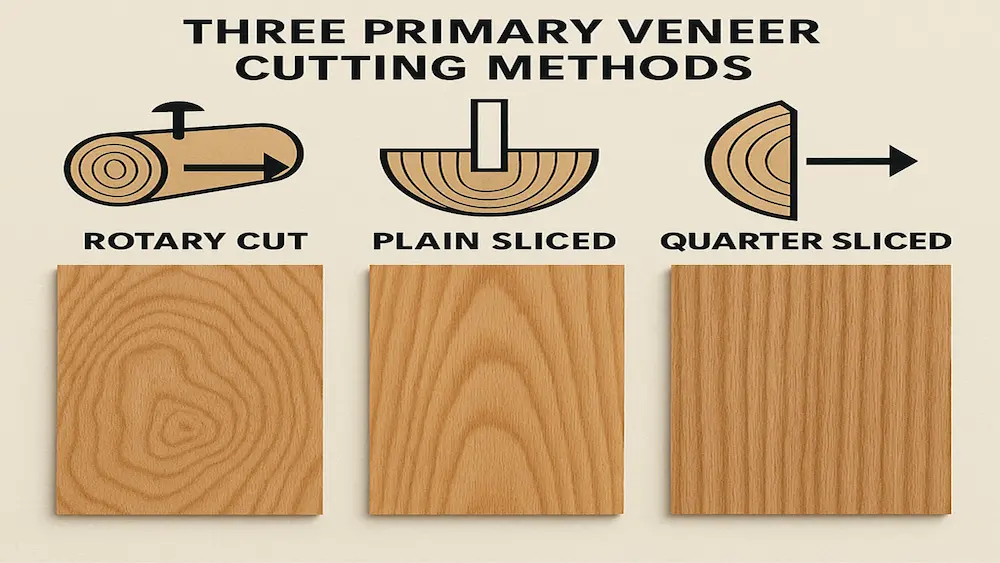Educational graphic showing three primary veneer cutting methods with actual wood samples demonstrating resulting grain patterns.